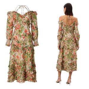 Floral Long Sleeve Ruffle Detail Dress by Ieena for Mac Duggal | size 12